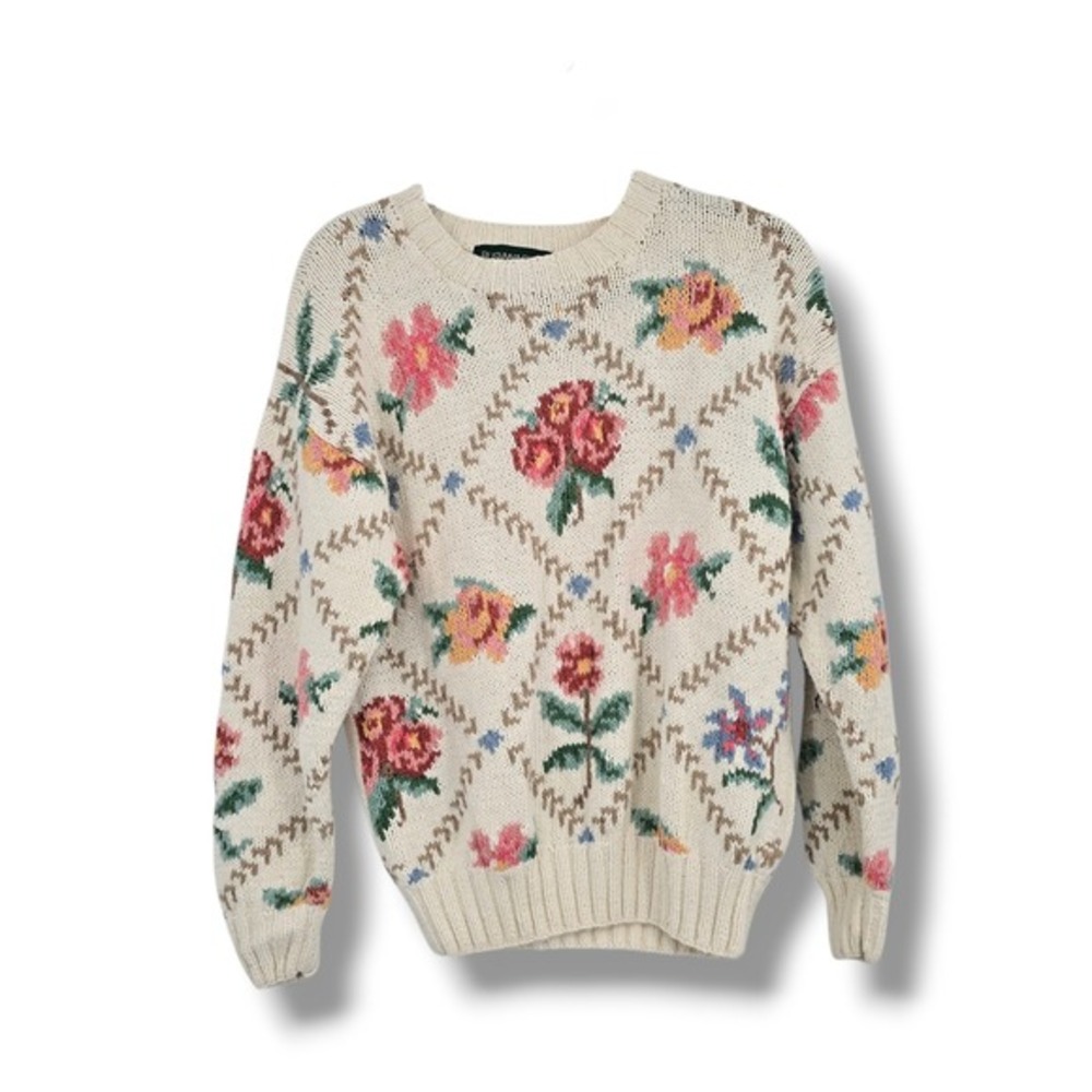 Bushwacker‎ Vintage Floral Linen Cotton Knit Sweater Cream Pink Small Rose 90s